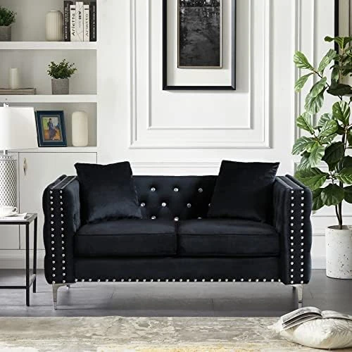 2-Piece Black Velvet Upholstered Living Room Furniture Set, Including 3-Seater Sofa And Loveseat With Jeweled Buttons, Square Arm, Four Pillows Included For Living Room, Office 7 2-Piece Black Velvet Upholstered Living Room Furniture Set, Including 3-Seater Sofa And Loveseat With Jeweled Buttons, Square Arm, Four Pillows Included For Living Room, Office - Image 5