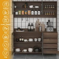 AIEGLE Large Kitchen Hutch Storage Cabinet, Pantry Cabinets With Hutch, Freestanding Cupboard With 4 Doors, 4 Drawers & Microwave Shelf, Kitchen Storage Buffet, Dark Walnut (63" W X 15.7" D X 74.8" H) -Amazon Store 51yW0Ohz42L
