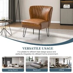 HULALA HOME Faux Leather Accent Chairs Set Of 2 With Metal Base, Mid Century Modern Living Room Chairs, Comfy Upholstered Armless Side Chairs For Bedroom, Camel -Amazon Store 51ydl9uvOYL