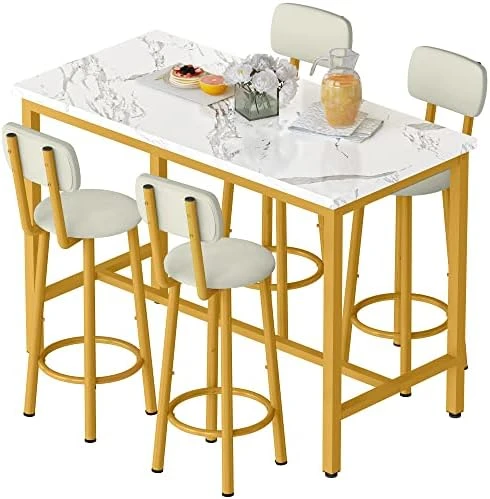 AWQM Small Dining Table Set For 2, Bar Set With 1 Square Table And 2 Upholstered Chairs With Back, Faux Marble Table Breakfast Table With Footrest For Home & Kitchen (White & Gold) 13 AWQM Small Dining Table Set For 2, Bar Set With 1 Square Table And 2 Upholstered Chairs With Back, Faux Marble Table Breakfast Table With Footrest For Home & Kitchen (White & Gold) - Image 11