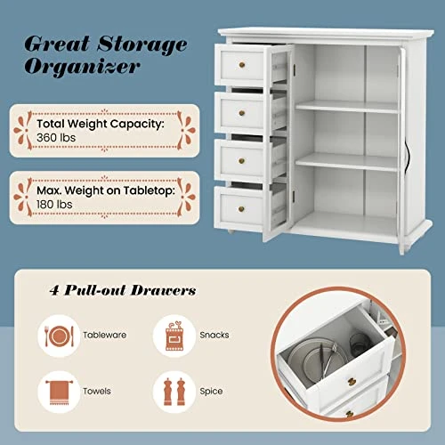 COSTWAY Buffet Sideboard Storage Cabinet, Console Table With 4 Drawers, 2-Glass Door, For Kitchen Dining Room, Entryway, Kitchen Pantry, Buffet Server (White) 6 COSTWAY Buffet Sideboard Storage Cabinet, Console Table With 4 Drawers, 2-Glass Door, For Kitchen Dining Room, Entryway, Kitchen Pantry, Buffet Server (White) - Image 4