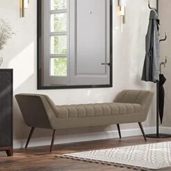 BELLEZE 63 Inch Mid Century Modern Ottoman, Contemporary Upholstered Linen Fabric Bench With Wood Legs, Accent Furniture For Living Room, Bedroom, Entryway - Moreno (Grey) -Amazon Store 51ylk2 2LJL. AC