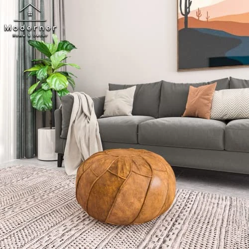 Moderner Faux Leather Pouf Unstuffed Ottoman Moroccan Footstool, Floor Footrest Cushion, Storage Solution - Natural Brown Color (Cognac, 23x11) 8 Moderner Faux Leather Pouf Unstuffed Ottoman Moroccan Footstool, Floor Footrest Cushion, Storage Solution - Natural Brown Color (Cognac, 23x11) - Image 6