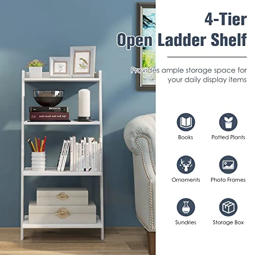 LOKO 4-Tier Ladder Shelf, 43” Tall Wooden Leaning Bookshelf Display Rack, Modern Ladder Bookshelf With Anti-Tipping Device And Top Raised Edge For Living Room, Study, Balcony (White) 7 LOKO 4-Tier Ladder Shelf, 43” Tall Wooden Leaning Bookshelf Display Rack, Modern Ladder Bookshelf With Anti-Tipping Device And Top Raised Edge For Living Room, Study, Balcony (White) - Image 5
