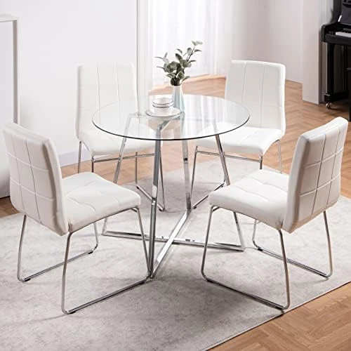 5 Pieces Dining Table And Chairs Set - Modern Round Dining Room Table With 4 Leather Chairs - Tempered Glass Table Top And Chrome Legs Kitchen Table Set For Small Space - White 10 5 Pieces Dining Table And Chairs Set - Modern Round Dining Room Table With 4 Leather Chairs - Tempered Glass Table Top And Chrome Legs Kitchen Table Set For Small Space - White - Image 8