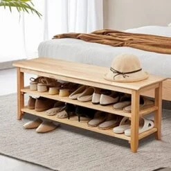 Dewfig Shoe Rack Bench, 3-Tier Shoe Shelf Organizer,10-Pairs Entryway Storage Bench For Hallway, Bedroom, Living Room, Bedroom, Hold Up To 550 Lbs, Solid Wood, Natural -Amazon Store 51zKguHLR L. AC