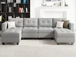 Belffin Reversible Storage Modular U-Shape Sectional Sofa Couch With Double Chaises Modular Sectional Sofa Set With Ottomans Fabric Light Grey