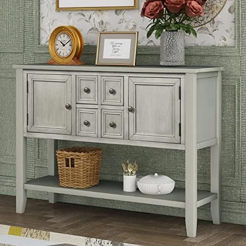 Merax Farmhouse Rustic Wood Buffet Dining Sideboard Storage Cabinet, Console Table With 4 Small Drawers, 2 Cabinet And Bottom Shelf, Antique Grey 9 Merax Farmhouse Rustic Wood Buffet Dining Sideboard Storage Cabinet, Console Table With 4 Small Drawers, 2 Cabinet And Bottom Shelf, Antique Grey - Image 7