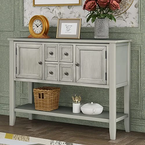 Merax Farmhouse Rustic Wood Buffet Dining Sideboard Storage Cabinet, Console Table With 4 Small Drawers, 2 Cabinet And Bottom Shelf, Antique Grey 3 Merax Farmhouse Rustic Wood Buffet Dining Sideboard Storage Cabinet, Console Table With 4 Small Drawers, 2 Cabinet And Bottom Shelf, Antique Grey