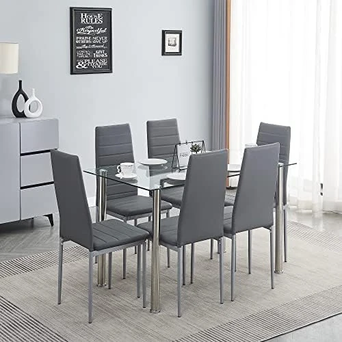 Paonne Glass Dining Table And Chair 7 Pieces Set, Dining Table Set For 6 Kitchen Room Table With 6 Chairs, Rectangular Glass Table With 4 PU Chairs 13 Paonne Glass Dining Table And Chair 7 Pieces Set, Dining Table Set For 6 Kitchen Room Table With 6 Chairs, Rectangular Glass Table With 4 PU Chairs - Image 11