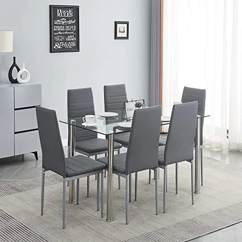 Paonne Glass Dining Table And Chair 7 Pieces Set, Dining Table Set For 6 Kitchen Room Table With 6 Chairs, Rectangular Glass Table With 4 PU Chairs 3 Paonne Glass Dining Table And Chair 7 Pieces Set, Dining Table Set For 6 Kitchen Room Table With 6 Chairs, Rectangular Glass Table With 4 PU Chairs
