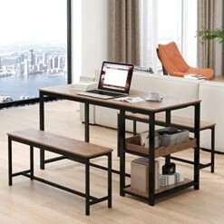 Giantex 3-Piece Dining Table Set For 4, Rustic Kitchen Dinner Table With 2 Benches, Breakfast Nook Table W/Wine Rack & Glass Holder, Dining Room Table Set For Small Space Kitchen Coffee Shop -Amazon Store 51zmALsjccL