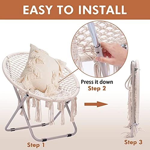 PASAMIC Saucer Chair With Folding Metal Frame, 100% Cotton Handmade Round Cozy Chairs, Exquisite Moon Chair For Bedroom, Living Room Décor Beige 6 PASAMIC Saucer Chair With Folding Metal Frame, 100% Cotton Handmade Round Cozy Chairs, Exquisite Moon Chair For Bedroom, Living Room Décor Beige - Image 4