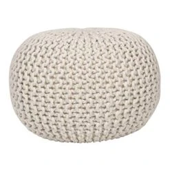 Decor Therapy Lola Round Knit Lurex Yarn And Cotton Pouf, Off-White 20x20x14