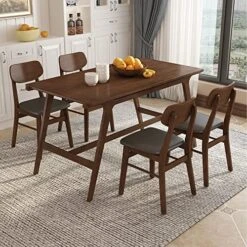 GLORHOME BXHYJ016 5-Piece Mid-Century Wood Dining Table Set With 4 Faux Leather Chairs For Family Kitchen, Brown1