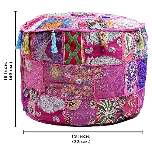 Aakriti Gallery Indian Pouf Footstool Ethnic Embroidered Pouf Cover, Indian Cotton Round Pouffe Ottoman Pouf Cover Pillow Ethnic Decor Art - Cover Only (Pink, 18x13) 5 Aakriti Gallery Indian Pouf Footstool Ethnic Embroidered Pouf Cover, Indian Cotton Round Pouffe Ottoman Pouf Cover Pillow Ethnic Decor Art - Cover Only (Pink, 18x13) - Image 3