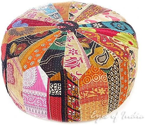 Eyes Of India - 16 X 10 Small Colorful Vintage Kantha Round Pouf Pouffe Ottoman Cover Floor Seating Boho Chic Bohemian Accent Indian Handmade Cover ONLY 4 Eyes Of India - 16 X 10 Small Colorful Vintage Kantha Round Pouf Pouffe Ottoman Cover Floor Seating Boho Chic Bohemian Accent Indian Handmade Cover ONLY - Image 2