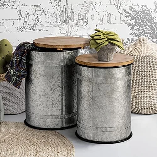 Oneinmil Rustic Storage Bins Farmhouse End Table Farmhouse Furniture Galvanized Metal Stool Ottoman Seat With Round Wood Lid Set Of 2 8 Oneinmil Rustic Storage Bins Farmhouse End Table Farmhouse Furniture Galvanized Metal Stool Ottoman Seat With Round Wood Lid Set Of 2 - Image 6