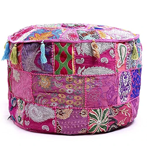 Aakriti Gallery Indian Pouf Footstool Ethnic Embroidered Pouf Cover, Indian Cotton Round Pouffe Ottoman Pouf Cover Pillow Ethnic Decor Art - Cover Only (Pink, 18x13) 3 Aakriti Gallery Indian Pouf Footstool Ethnic Embroidered Pouf Cover, Indian Cotton Round Pouffe Ottoman Pouf Cover Pillow Ethnic Decor Art - Cover Only (Pink, 18x13)