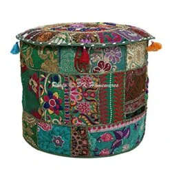 DK Homewares Indian Vintage Patchwork Pouffe Floor Cushion Dark Green Round Foot Rest Living Room Cotton Embroidered Hassock Pouf Ottoman Cover Floral Traditional 22x22x14