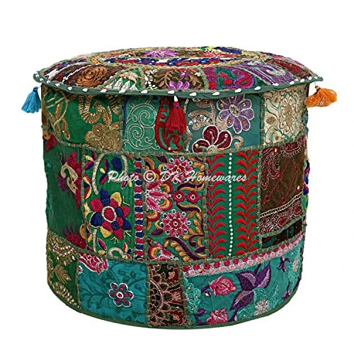 DK Homewares Indian Vintage Patchwork Pouffe Floor Cushion Dark Green Round Foot Rest Living Room Cotton Embroidered Hassock Pouf Ottoman Cover Floral Traditional 22x22x14 3 DK Homewares Indian Vintage Patchwork Pouffe Floor Cushion Dark Green Round Foot Rest Living Room Cotton Embroidered Hassock Pouf Ottoman Cover Floral Traditional 22x22x14