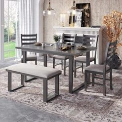 Aprilsoul 6-Pieces Simple Style Family Furniture, Solid Wood Set With Rectangular Table & 4 Chairs With Bench, A Stable Frame And A Long Lifespan, For Dining Room, Gray