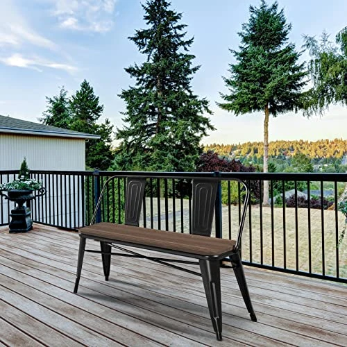 Topeakmart Metal Dining Bench With Wooden Top Industrial Metal Dining Bench For Patio, Kitchen, Garden Black 4 Topeakmart Metal Dining Bench With Wooden Top Industrial Metal Dining Bench For Patio, Kitchen, Garden Black - Image 2