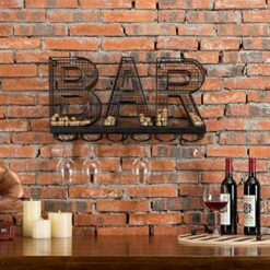 MyGift Black Metal Stemmed Wine Glass Holder And Wine Cork Storage Rack, BAR Word Design Wall Decor