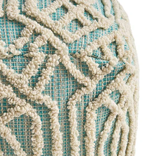 Great Deal Furniture Poppy Boho Wool And Cotton Ottoman Pouf, Aqua And White 7 Great Deal Furniture Poppy Boho Wool And Cotton Ottoman Pouf, Aqua And White - Image 5