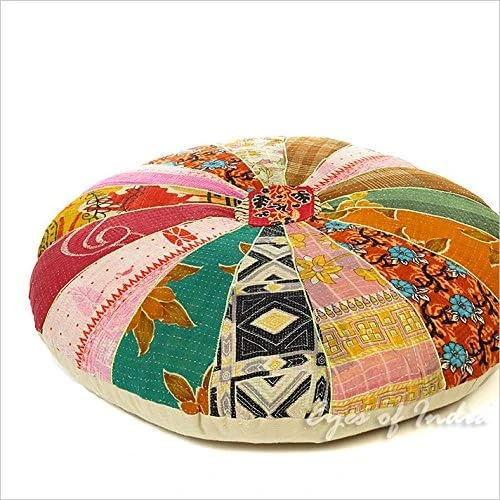 Eyes Of India - 16 X 10 Small Colorful Vintage Kantha Round Pouf Pouffe Ottoman Cover Floor Seating Boho Chic Bohemian Accent Indian Handmade Cover ONLY 6 Eyes Of India - 16 X 10 Small Colorful Vintage Kantha Round Pouf Pouffe Ottoman Cover Floor Seating Boho Chic Bohemian Accent Indian Handmade Cover ONLY - Image 4