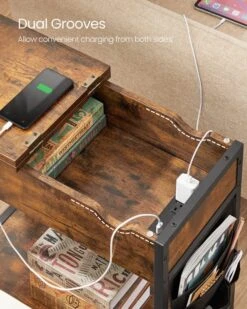 VASAGLE Side Table With Storage, End Table With USB Ports And Outlets, Nightstand With Charging Station, Fabric Bags, For Living Room, Bedroom, Rustic Brown And Black ULET310B01V1 -Amazon Store 61N1NrRNALL