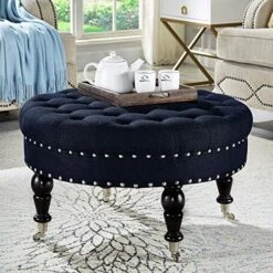 24KF Large Round Upholstered Tufted Linen Ottoman Coffee Table, Large Footrest Ottoman With Wood Shelf Storage- Navy Blue -Amazon Store 61P9n1DYNnL. AC