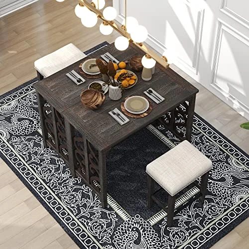 Kisyapoo Multipurpose Retro 3-Piece Dining Table Set, Solid Wood Counter Height Pub Foldable With 2 Padded Saddle Stools For Kitchen Room Home Bar, Space-Saving Design (Espresso) 5 Kisyapoo Multipurpose Retro 3-Piece Dining Table Set, Solid Wood Counter Height Pub Foldable With 2 Padded Saddle Stools For Kitchen Room Home Bar, Space-Saving Design (Espresso) - Image 3