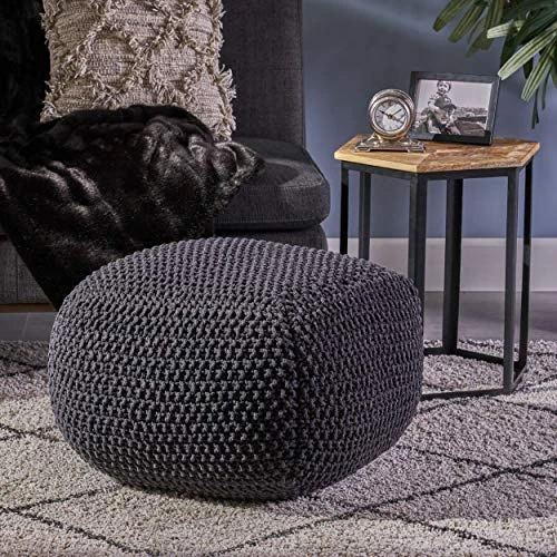 Christopher Knight Home Joyce Knitted Cotton Square Pouf, Dark Grey 5 Christopher Knight Home Joyce Knitted Cotton Square Pouf, Dark Grey - Image 3