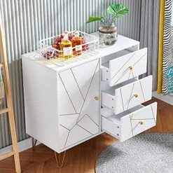 White Kitchen Storage Cabinet, 1 Door 3-Drawer Dining Buffet Server Cabinet, Living Room Sideboard Organizer, Modern Console Table Cupboard With Golden Groove Door -Amazon Store 61T9rkMugxL
