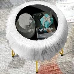 GREENSTELL Vanity Stool Chair Faux Fur With Storage, 15.75”W X 19.29’’H Round Soft Ottoman With 4 Metal Legs, Furry Padded Seat, Modern Multifunctional Makeup Stool For Bedroom Living Room, White -Amazon Store 61TUorKSeJL