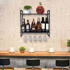 FLRH Wine Racks Wall Mounted, 24.2in Black Metal Multipurpose Shelf Hung Bracket With Glass Holder, 2-Tiers Wall Mount Bottle Holder Glass Rack -Amazon Store 61VhFJmc58L