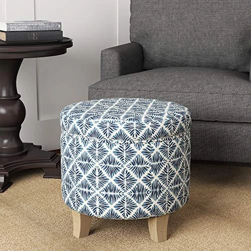 Homepop Home Decor | Upholstered Round Storage Ottoman | Ottoman With Storage For Living Room & Bedroom With Flared Legs, Navy Blue Geometric Pattern 8 Homepop Home Decor | Upholstered Round Storage Ottoman | Ottoman With Storage For Living Room & Bedroom With Flared Legs, Navy Blue Geometric Pattern - Image 6