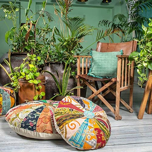 Eyes Of India - 16 X 10 Small Colorful Vintage Kantha Round Pouf Pouffe Ottoman Cover Floor Seating Boho Chic Bohemian Accent Indian Handmade Cover ONLY 3 Eyes Of India - 16 X 10 Small Colorful Vintage Kantha Round Pouf Pouffe Ottoman Cover Floor Seating Boho Chic Bohemian Accent Indian Handmade Cover ONLY