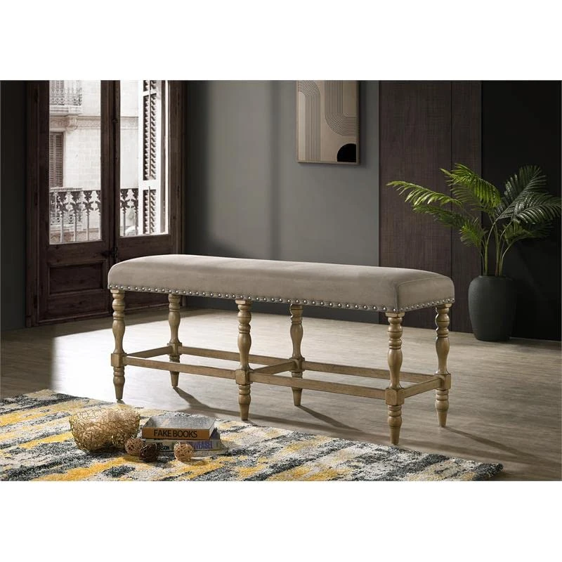 Roundhill Furniture Birmingham Microfiber Upholstered Counter Height Bench With Nail Head Trim, Driftwood Finish 3 Roundhill Furniture Birmingham Microfiber Upholstered Counter Height Bench With Nail Head Trim, Driftwood Finish