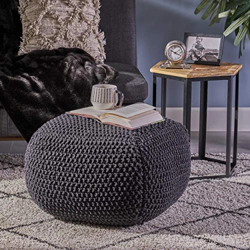 Christopher Knight Home Joyce Knitted Cotton Square Pouf, Dark Grey 4 Christopher Knight Home Joyce Knitted Cotton Square Pouf, Dark Grey - Image 2