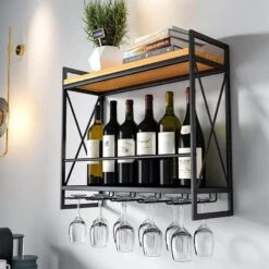 Fhesap Wall Mounted Wine Rack, Hanging Wine Rack, Wine Glass Rack Holds Wine Bottles And 5 Stemware Glass Holder, Metal Wine Storage Rack For Home Kitchen, Dining Room, Bar Décor, Black -Amazon Store 61lNWSLYUKL. AC