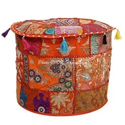 DK Homewares Indian Vintage Patchwork Pouf Ottoman Cover Orange Round Foot Stool Decorative Tuffet Cotton Embroidered Pouffee Floor Pillow Case Floral Traditional 16x16x13 -Amazon Store 61ys2grKZ3L