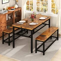Lamerge 3-Piece Dining Table Set, Rustic Dining Table With Storage Shelf, Kitchen Table And Chairs Set For 4, Dining Table Set With 2 Benches, Industrial Dining Table Set For Dining Room, Kitchen