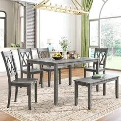 LZ LEISURE ZONE 6 Piece Wooden Dining Table Set With Bench And 4 Dining Chairs, Kitchen Table Set Family Furniture For 6 People (Antique Graywash) -Amazon Store 61ztCGLo4S. AC