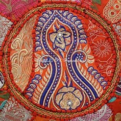 DK Homewares Indian Vintage Patchwork Pouf Ottoman Cover Orange Round Foot Stool Decorative Tuffet Cotton Embroidered Pouffee Floor Pillow Case Floral Traditional 16x16x13 -Amazon Store 7123x1yDcQL