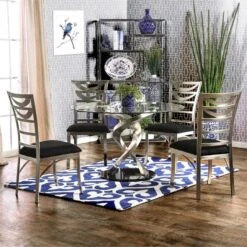 BOWERY HILL 48" Round Glass Top Modern Pedestal Base Dining Table In Chrome Satin -Amazon Store 71UfrHIkwmL